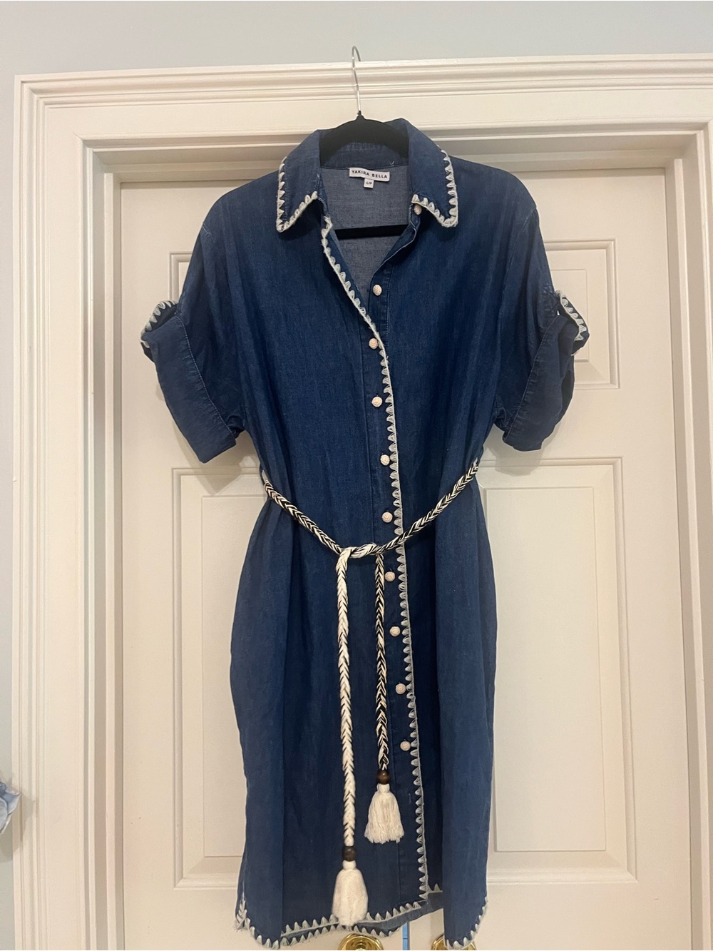 Yakira Bella Navy Embroidered Denim Shirt Dress